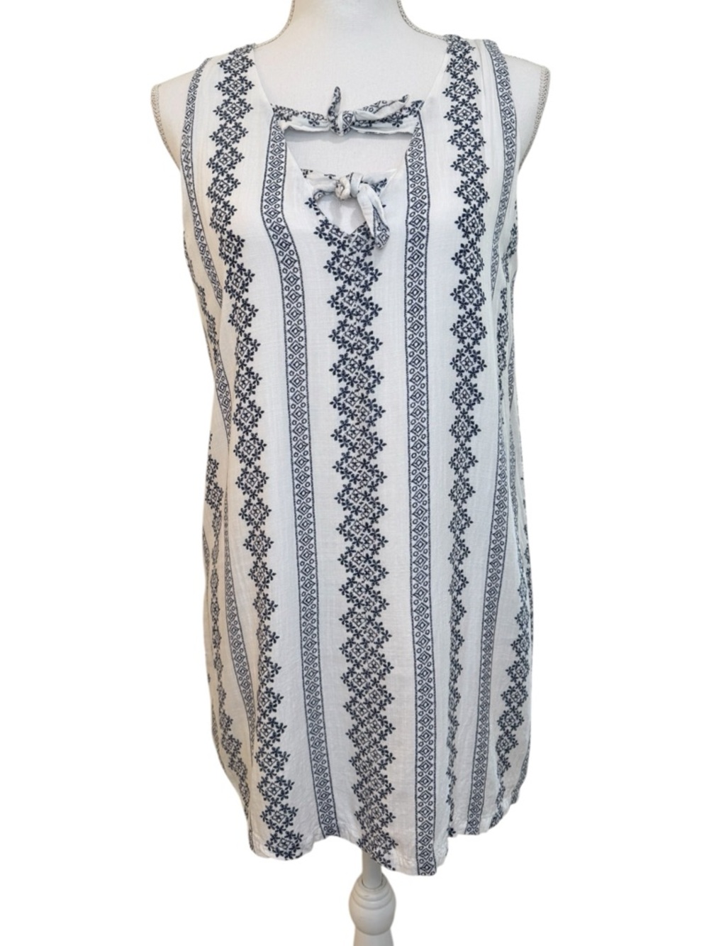 Love Riche Mini White Dress with Navy Floral Trim and Tie